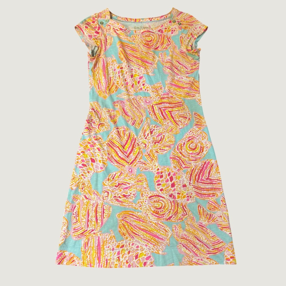 Lilly Pulitzer Pima Cotton Tropical Fish Print Dress XS Blue Pink 19782
